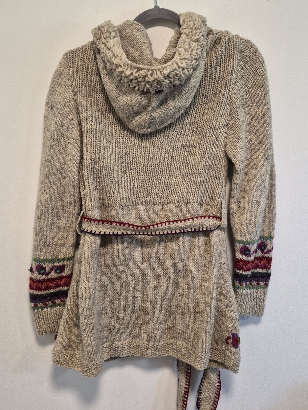 Vtg Newari Nepal Hand Knit Wool Cardigan Sweater Y2K Hooded Belted Floral Sz S/M - Picture 9 of 14